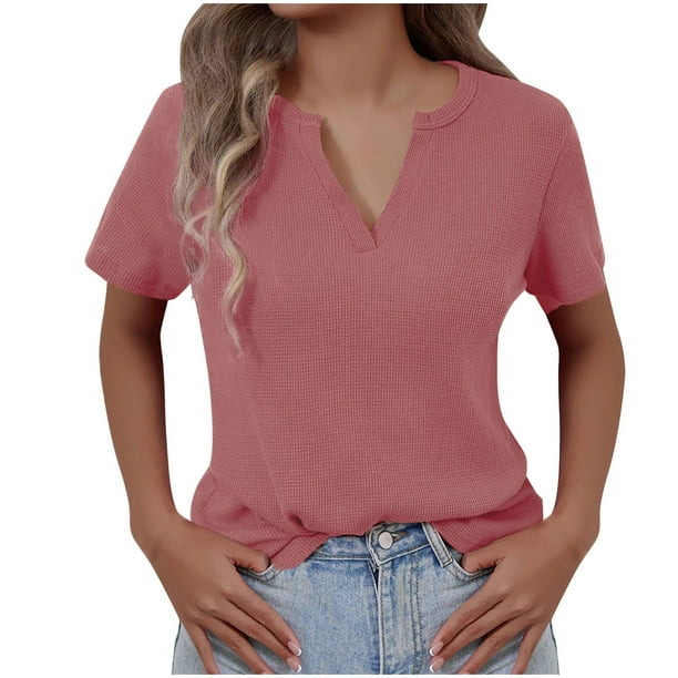 Mujeres de Verano Tops Nuevo Color Sólido Cuello en V Manga Corta con una Hendidura en el Doblado, Poliéster