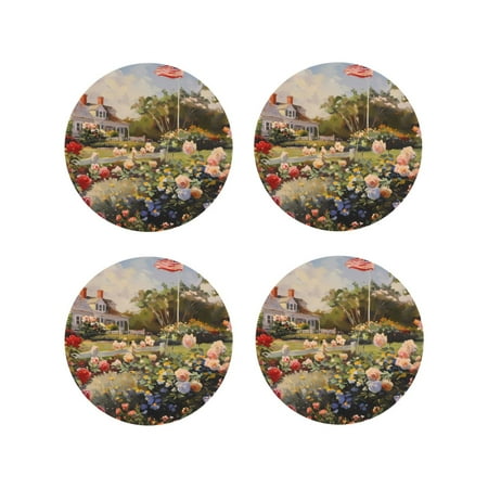 

Honeii American Flag Rose Garden Print Leather Coaster Set of 4 Ideal for Safeguarding Your Furniture from Drinks Spills and Effortless Cleanup-Round Shape