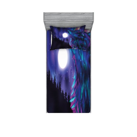 Ambesonne Moon Fitted Sheet & Pillow Sham Set, Aurora Borealis and Wolf, Twin, Indigo Aqua Magenta