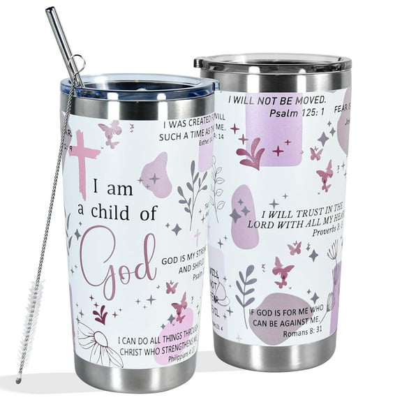 Christian Tumbler for Women, 20oz Tumbler with Lid and Straw, Coffee Travel Tumbler, Pink Christian I Am A Child of God, Stainless Steel Tumbler, Religious Birthday Inspiration Gifts