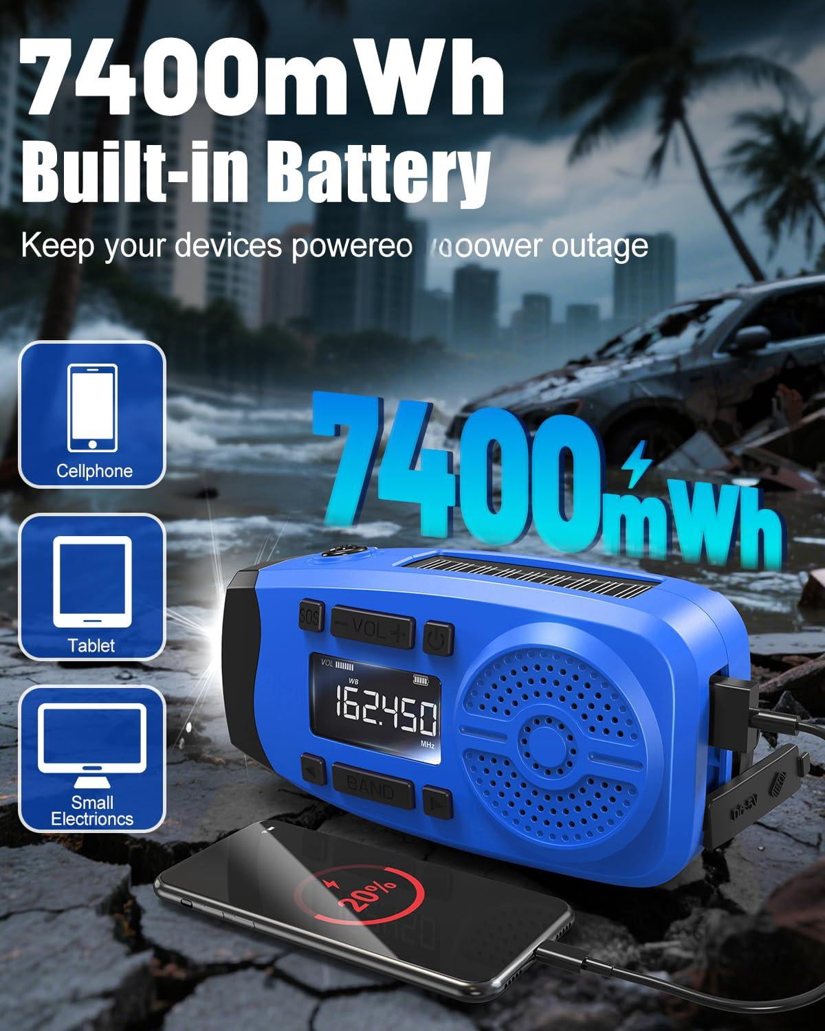 Emergency Weather Radio  7400mwh Hand Crank With Lcd Display Support Alert Usb/solar/hand 1w Flashlight&sos Alarm For Outdoor&home (blue)