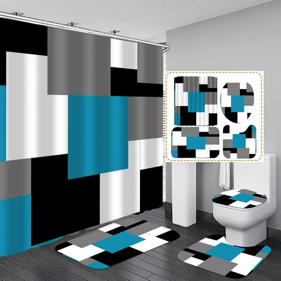 Geometric Blue Shower Curtain Set Black and Grey Bathroom Accessories Decoration Kit Waterproof Curtains