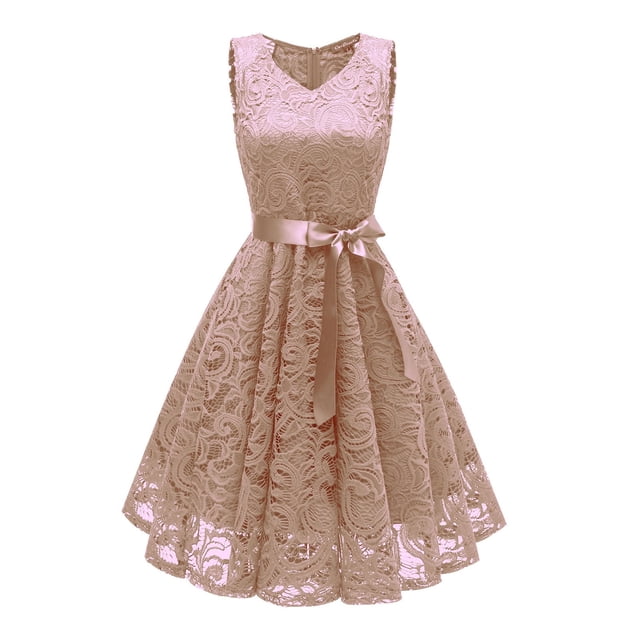 Vestido de dama de honor con cuello en V y encaje para mujer: vestido de fiesta formal con corte en A, poliéster, tallas estadounidenses 4-18