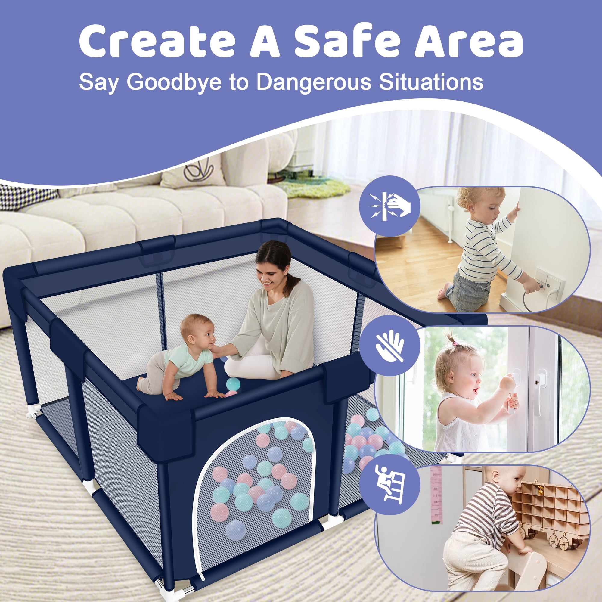 Baby Playpen, HDJ 50*50 inch Baby Play Yard with Soft Breathable Mesh and Anti-Slip Base, Baby Fence Infant Playard for Boy and Girls, Blue