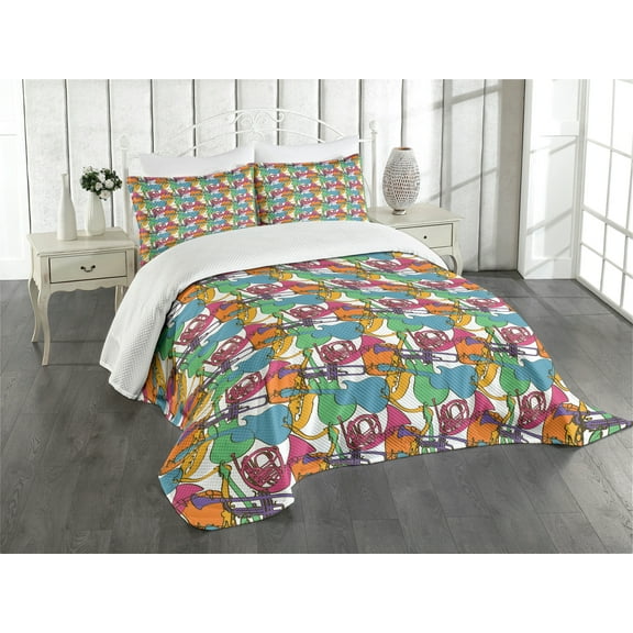 Ambesonne Jazz Music Quilted Bedspread Set 3 Pcs, Abstract Retro Party, King Size, Multicolor