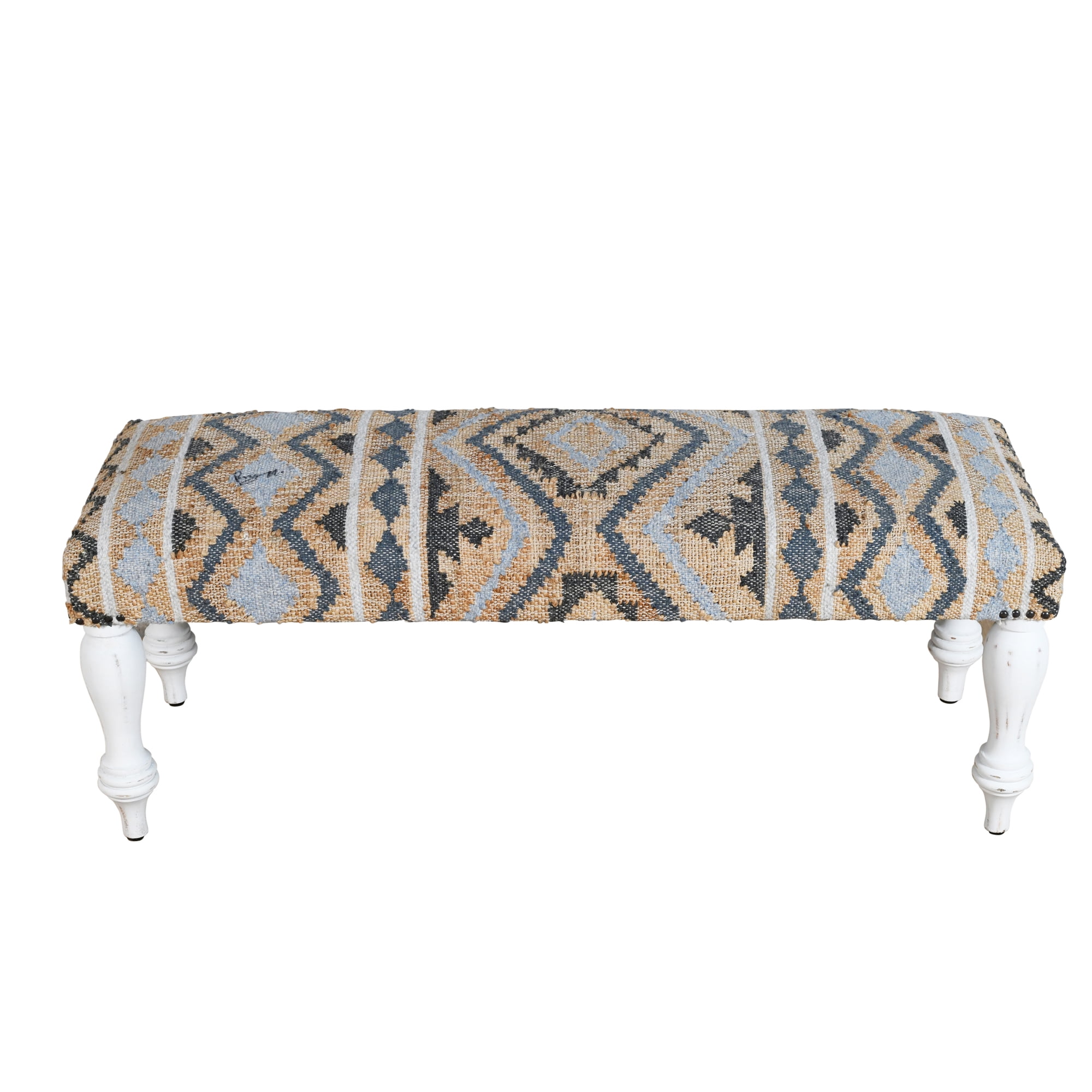 LR Home Contemporary Farmhouse Upholstered Indoor Accent Bench, Tan/Blue