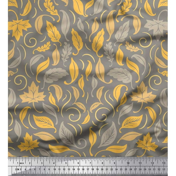 Soimoi Yellow Silk Fabric Autumn Leaves Print Fabric by the Yard 42 Inch Wide