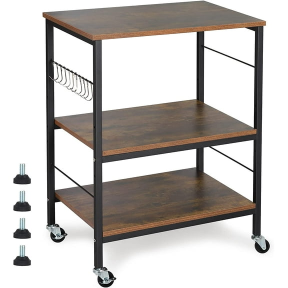 Nightstands, Industrial Microwave Oven Stand Kitchen Baker's Rack End Table 3 Tier Storage Shelf with 10 Hooks for Living Room, Kitchen, Bathroom, Cafe Rustic Brown
