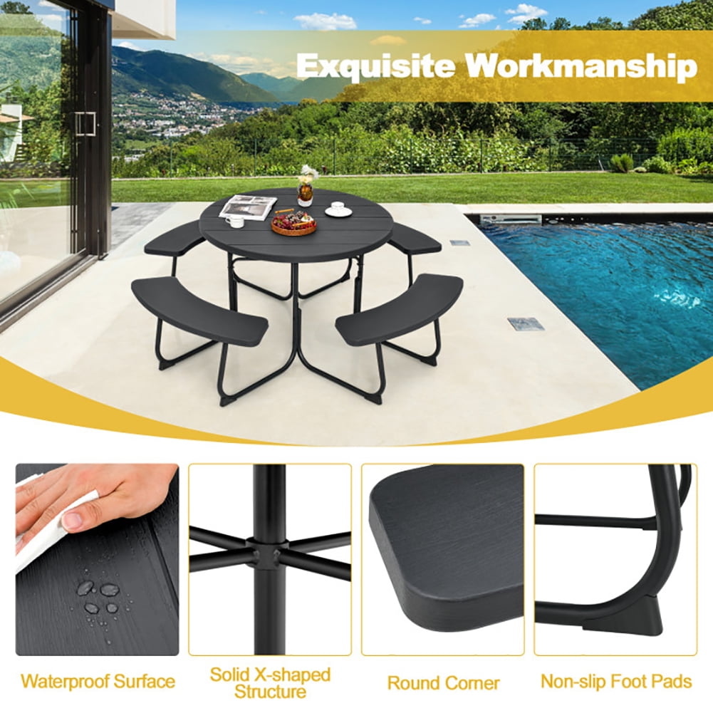 Aimee Lii 8-Person Outdoor Picnic Table and Bench Set with Umbrella Hole, Outdoor Patio Furniture Set, Black