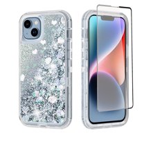 NIFFPD iPhone 14 Plus with Screen Protector, Bling Glitter Quicksand Sparkle Clear & Shockproof Protective Cover iPhone 14 Plus 6.7" Silver