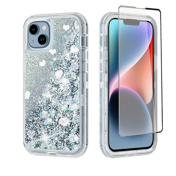 NIFFPD iPhone 14 Plus with Screen Protector, Bling Glitter Quicksand Sparkle Clear & Shockproof Protective Cover iPhone 14 Plus 6.7" Silver