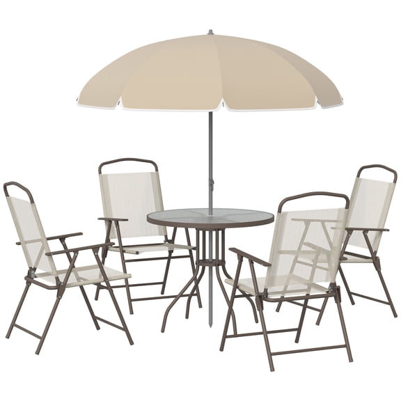 Outdoor Furniture Sets, 6 Piece Patio Dining Set for 4 with Umbrella, Outdoor Table and Chairs with 4 Folding Dining Chairs & Round Glass Table for Garden, Backyard and Poolside, Beige