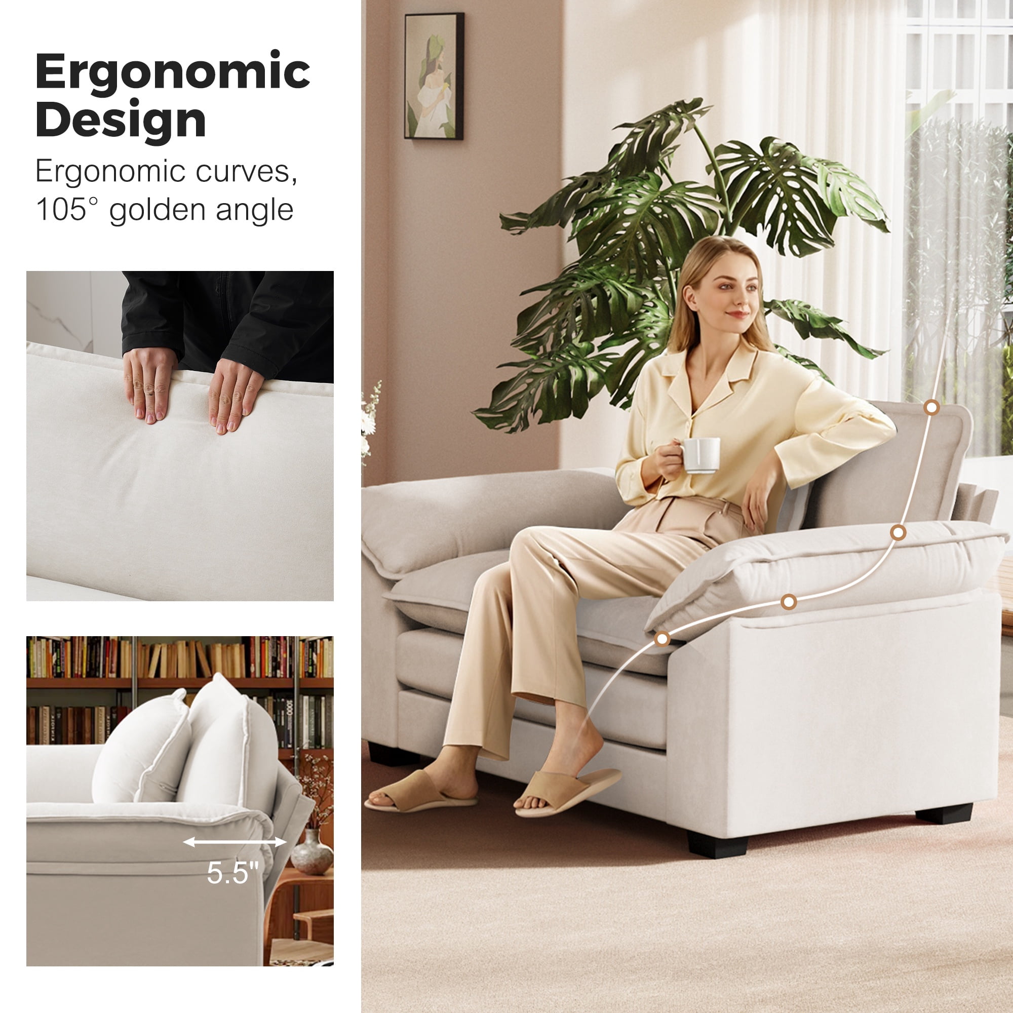 JULY'S SONG Oversized Accent Chair with Arms, Chenille Comfy Cloud Sofa Chairs in Living Room, Cozy Chair and a Half with Deep Seat, Modern Reading Chair for Bedroom, Beige