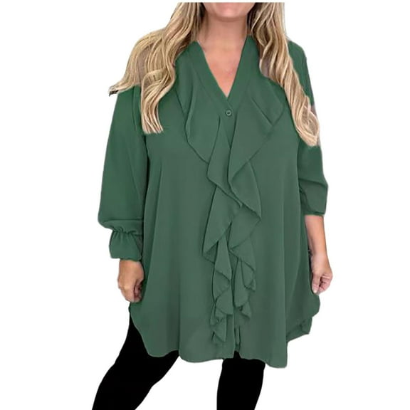 Women Ruffles Shirts Plus Size Fashion Solid Color Button V-Neck Long Sleeve Dressy Casual Loose Comfy Blouse Tops Army Green XX-Large