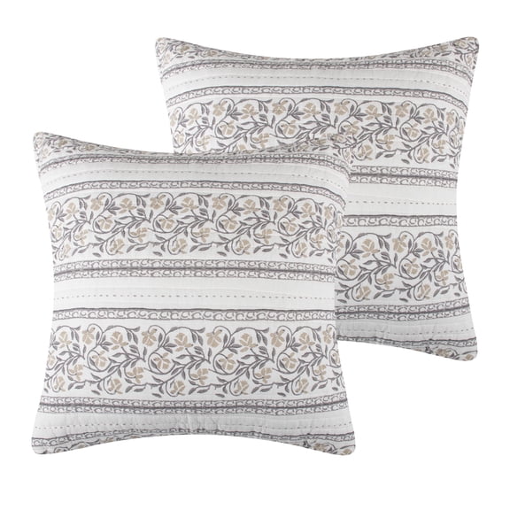 Levtex Home - Adare Taupe - Euro Sham - Striped Floral - Taupe, Grey and Cream - (26x26in.) - No Insert - Cotton