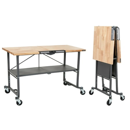 

COSCO SmartFold Butcher Block Portable Workbench / Folding Utility Table (Hardwood Top 700LB Total Weight Capacity Locking Casters Gray Steel Frame 1 Pack)