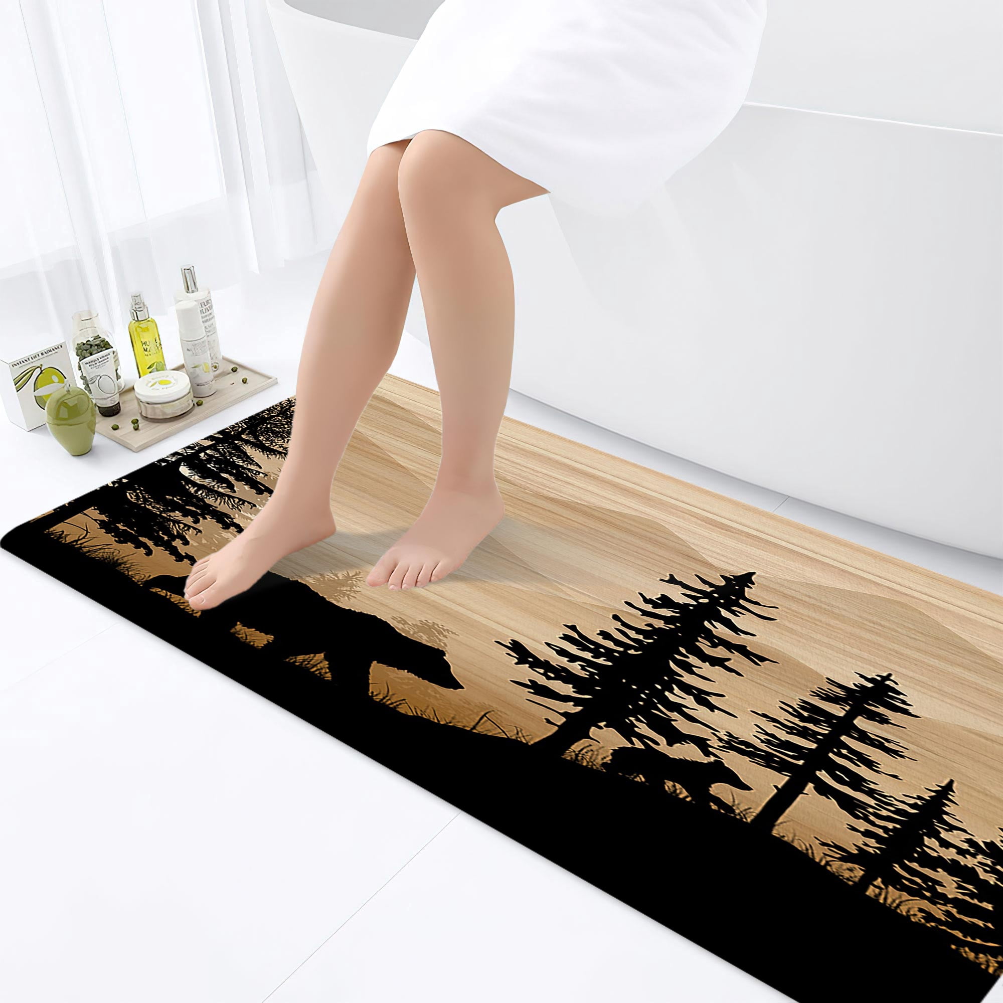 Bear Bathroom Rugs, Farmhouse Country Antique Deer Moose Forest Vintage Wood Decor Non Slip Bath Mats,Hunting Camping Bath Rug Sets for Bathroom Bedroom Kitchen Outdoor Indoor 17X48 Inch, Brown