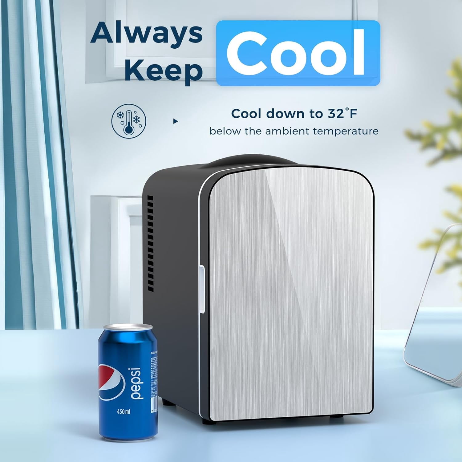 FREE VILLAGE 4 Liters/6 Cans Compact Refrigerator,Portable Mini Fridge Makeup & Skin Care for Bedroom,Car,Office & Dorm,Small Cooler for Cosmetics,Magnetic Brushed Stainless Steel Door,White