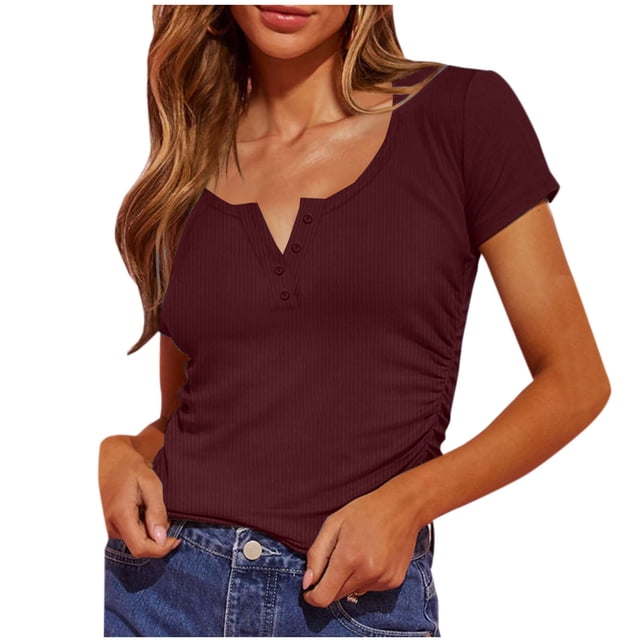 Timegard Womens Summer Tops Ribbed Scoop Neck Button Short Sleeve Side Ruched Comfy Dressy Casual Tops