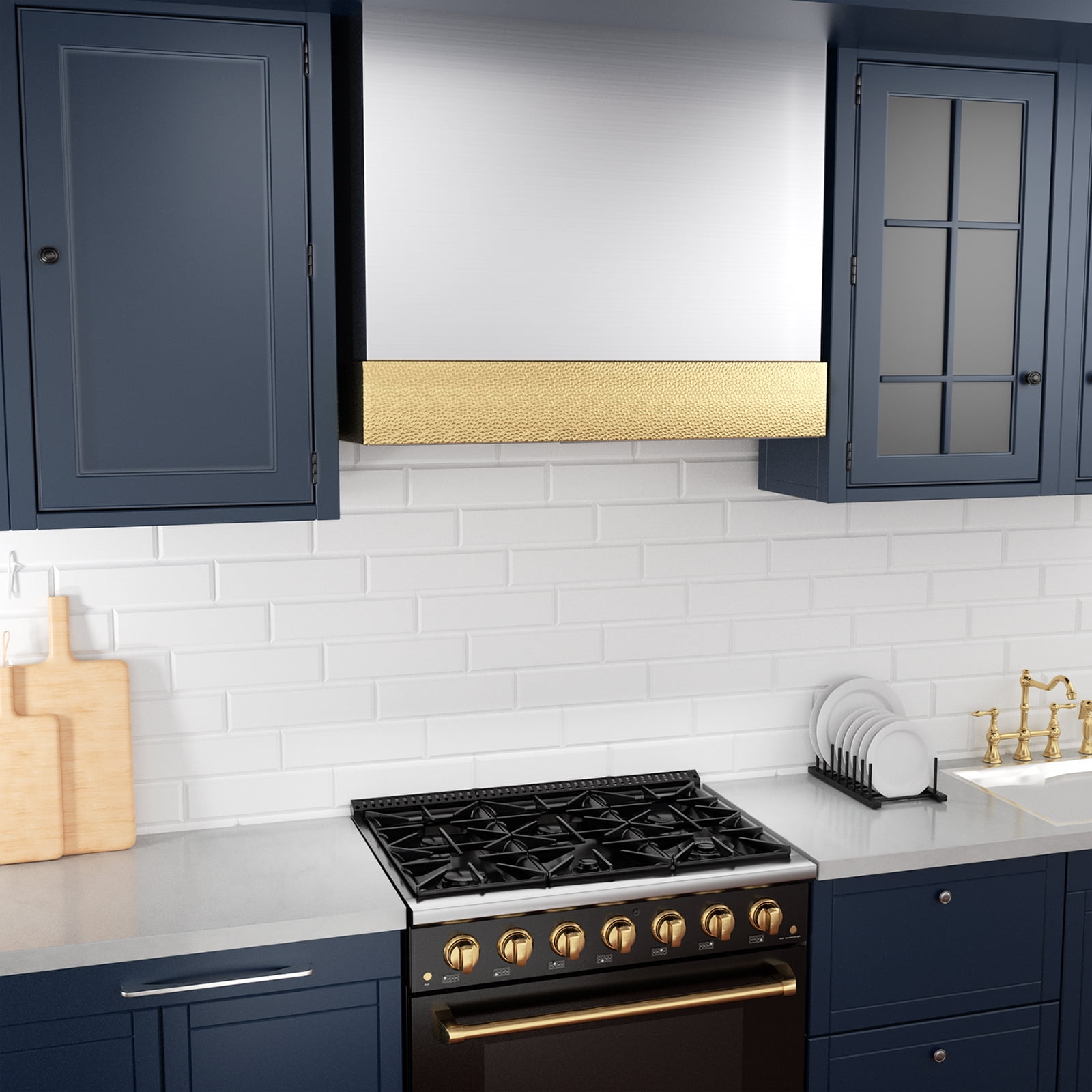 Akicon 600 CFM Wall Mounted Range Hood, Stainless Steel Range Hood 36 inch, Energy Saving, Ducted Kitchen Hood for Cooking, Powerful Vent Motor, Brushed Stainless with Gold