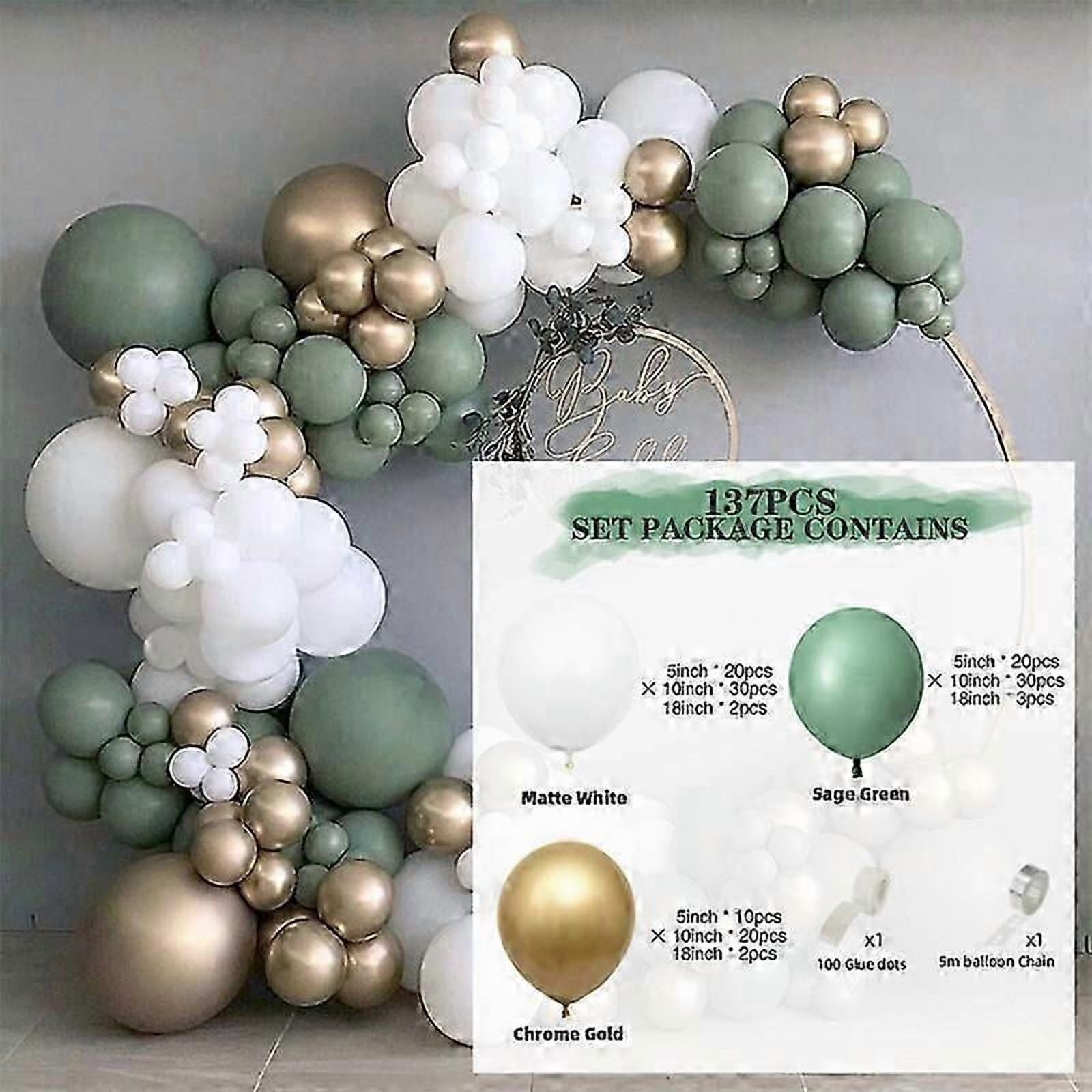 137PCS Green Balloon Arch Kit, Green White Balloon Arch with Sage Green Balloons Metallic Gold Balloons