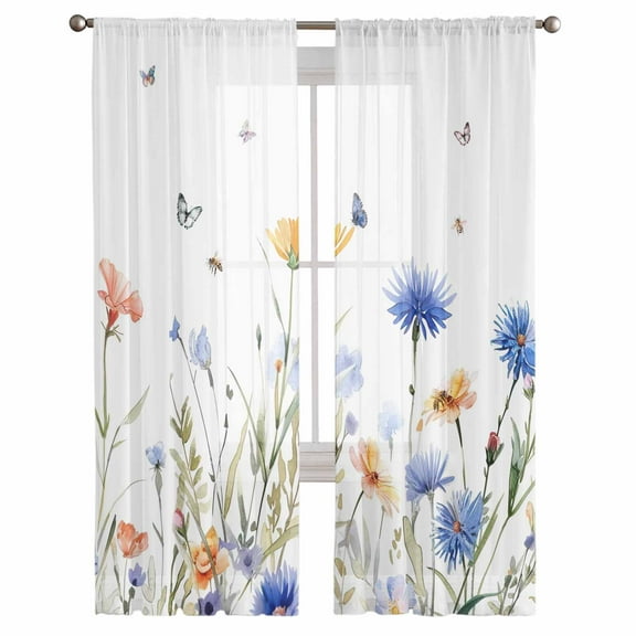 Spring Floral Semi Sheer Curtains 108 Inch Length 2 Panels Set, Elegant Butterfly Summer Botanical Sheer Kitchen Curtain Privacy Voile Window Curtain for Living Room Bedroom Rod Pocket Drapes