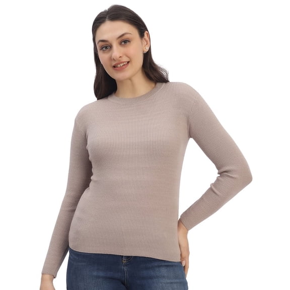 Cavardi Casual Women's Round Neck Ribbed Top – Beige | Free Size