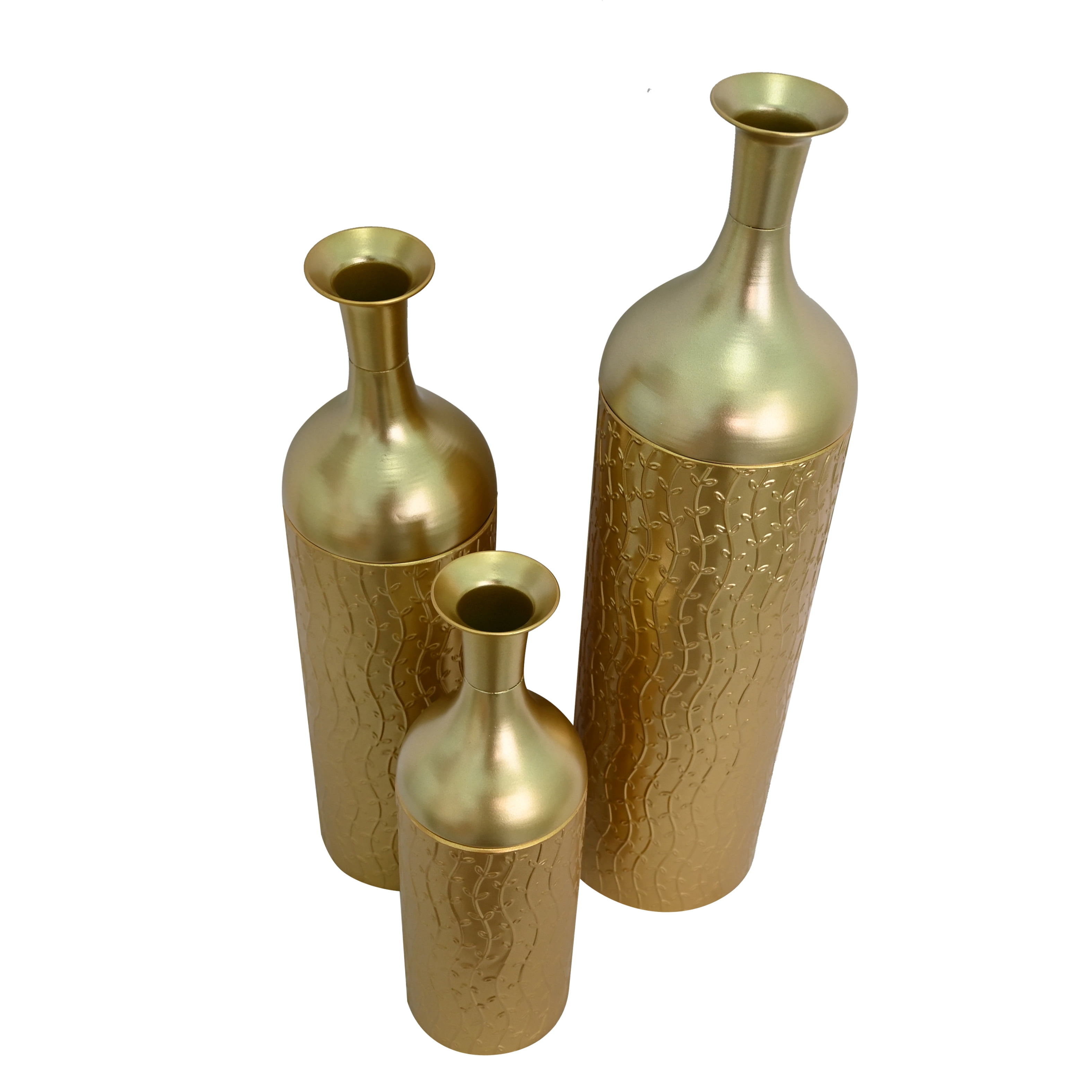 Metal Floor Vases Set of 3 with Leaf Pattern, Tall Decorative Vases and Home Decor Accents for Living Room Entryway, Gold
