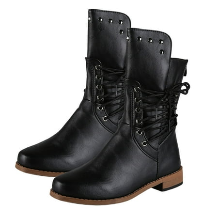 

huanledash Women Outdoor Bandage Anti-skid Low Heel Faux Leather Ankle Boots Shoes