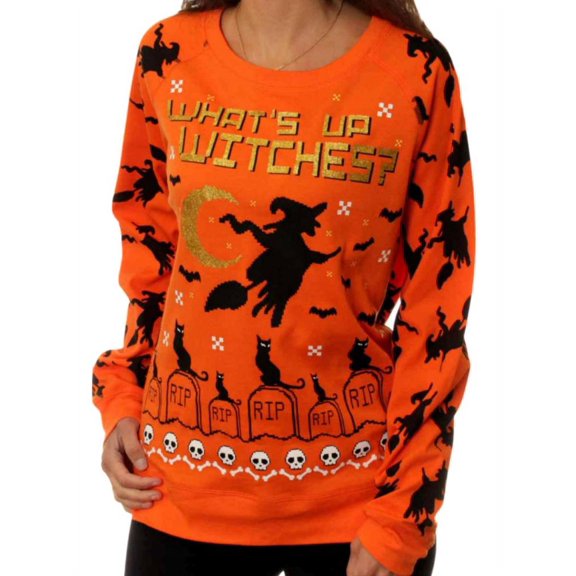 Junior Womens Orange Whats Up Witches Halloween Sweatshirt Bat & Cat Top Small