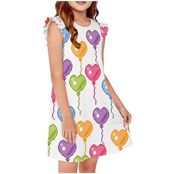 Spazoro Girls Midi Dresses, Crew Neck Balloon Print A-Line Ruffle Sleeve Casual Summer Dresses for Girls Hot Pink Size 5-6