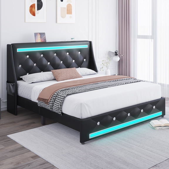 Holiway Full Size LED Bed Frame with Upholstered Headboard, Wingback PU Leather Headboard with Charging Station, Diamond Tufting, Black