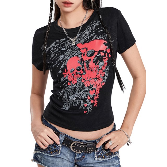 Mialoley T-Shirts à Manches Courtes pour Femmes Imprimé Skull Col Rond Été Décontracté Ajusté Mode Urbaine