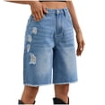 thumbnail image 2 of FNFYH Women Bermuda Jean Shorts Loose Fit Frayed Denim Shorts Summer Raw Hem Knee Length Jeans, 2 of 10