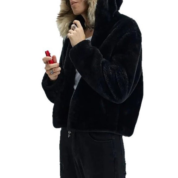 Mens Hoodies Zip Up Plush Collar Cardigan Y2k Hoodies Plush Fleece Jackets Color Black Size M