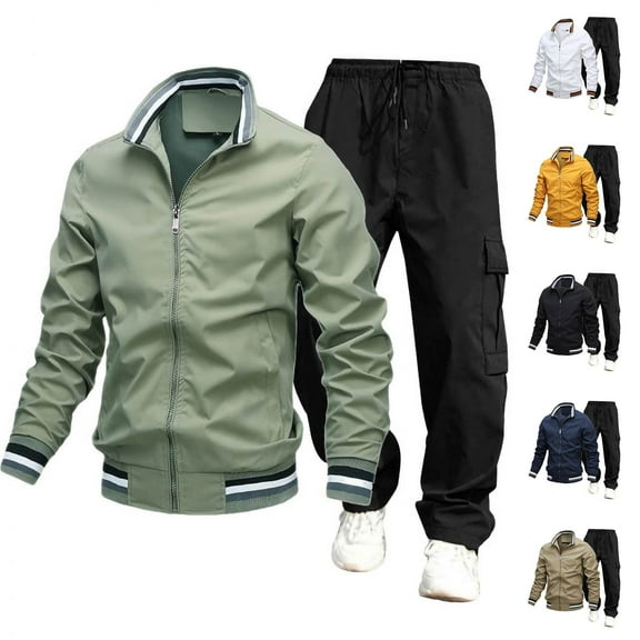 Zylanna Men's Cargo Outfit Sets, Elastic Waist Turndown Collar Long Sleeve 2 Piece Cardigan   Pants Sets for Men Khaki