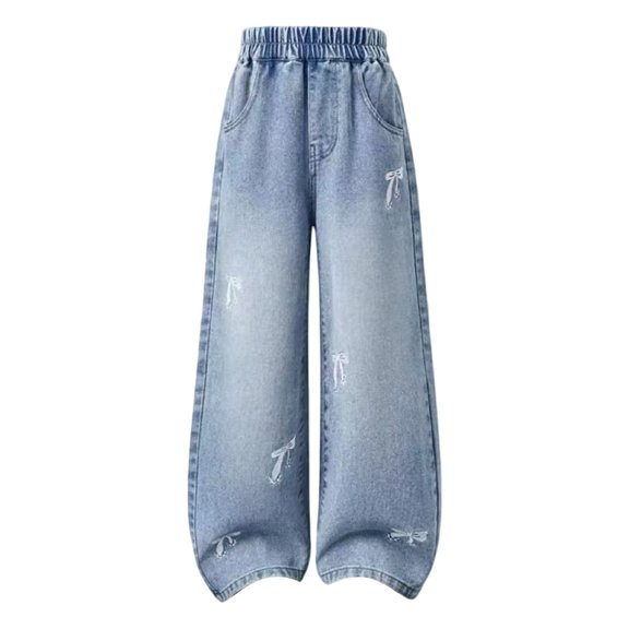 EnJoCho Girls Wide Leg Jeans Straight Elastic High Waisted Baggy Denim Trousers Washed Loose School Y2𝗄 Bottoms for Junior Kids Girls Wide Leg Denim Pants