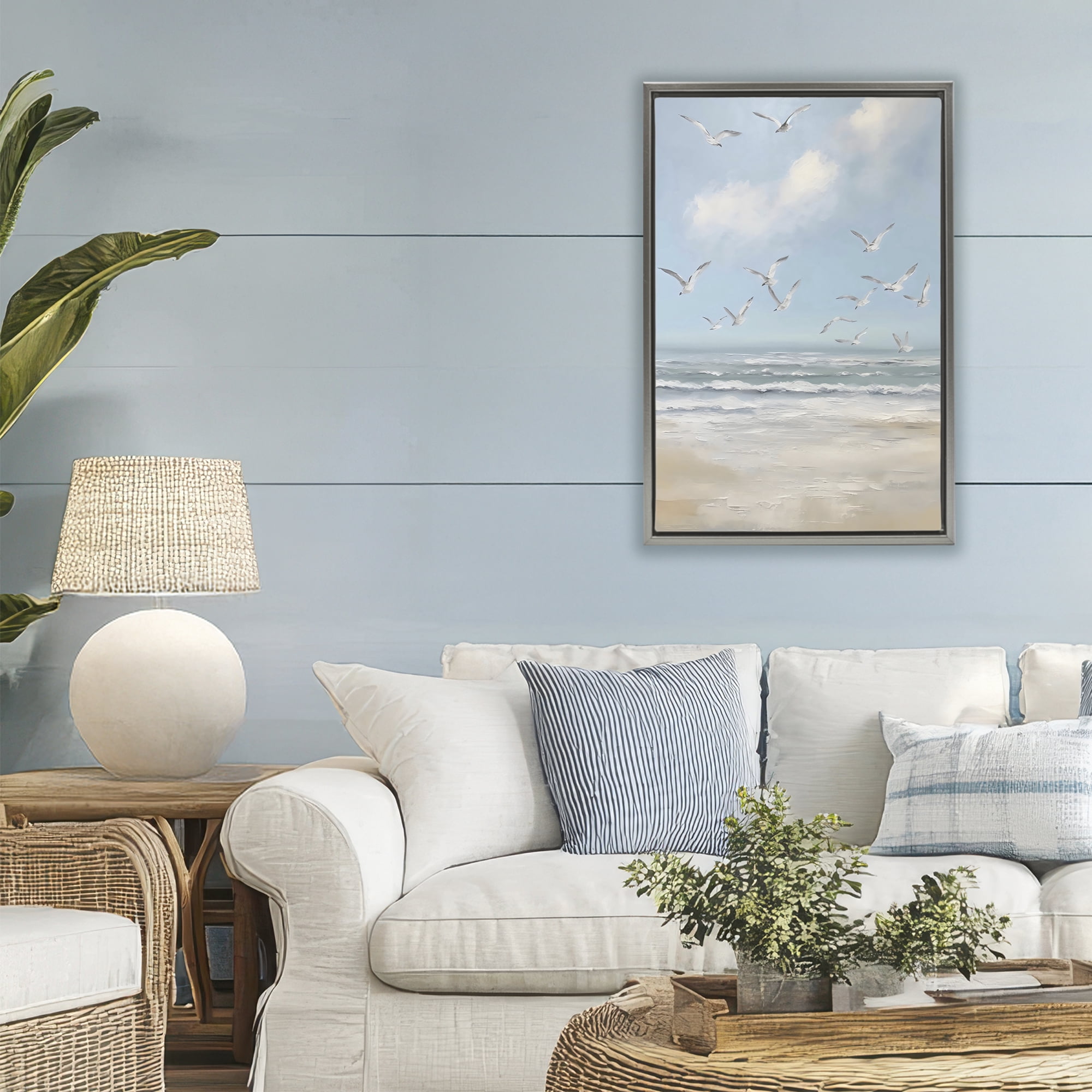 Stupell Industries Ocean Flight Seagulls Gray Framed Floater Canvas Wall Art, design by Creative Studio