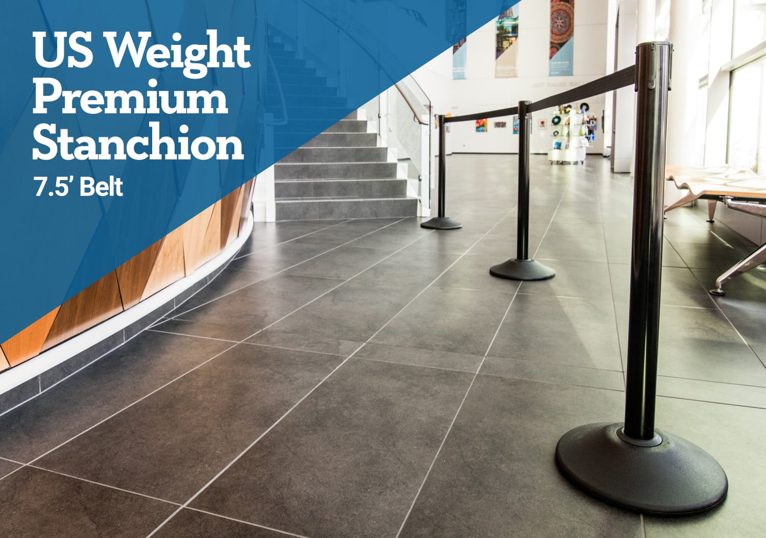 US Weight Premium Stanchion with 7.5-Feet Retractable Belt Yellow Silver Powder Coated 2.5-Inch Diameter Steel Post 