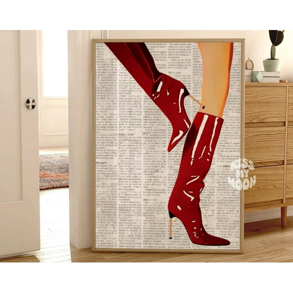 Modroom Trendy Newspaper Article Print, Red Boots Retro Poster Art Print, Trendy, Preppy Aesthetic, Funky, Dorm Room, Collage Wall Art, Modern Wall Decor, 8x12 UNFRAMED