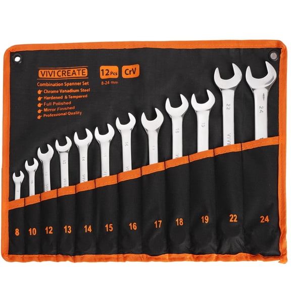 Vivicreate 26-Piece Combination Wrench Set, SAE & Metric 8mm–24mm & 1/4”–1”, Chrome Vanadium Steel Open End Wrenches with 12-Point Box End, Roll-Up Storage Pouch for Auto, Garage & Home Repair