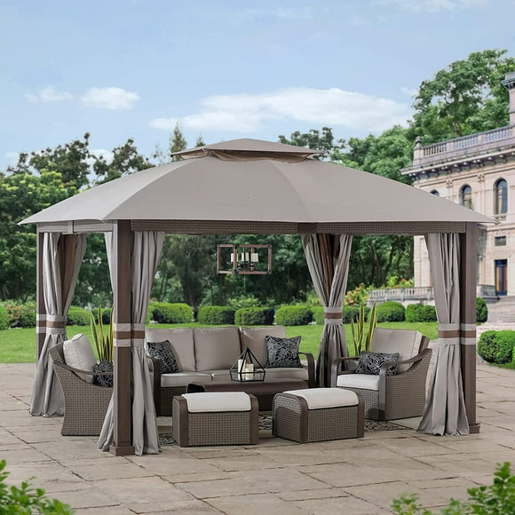 Sunjoy Outdoor Patio Structure en acier 11 x 13 pieds Gazebo à 2 niveaux avec toit souple, toit gris clair, filet et rideaux