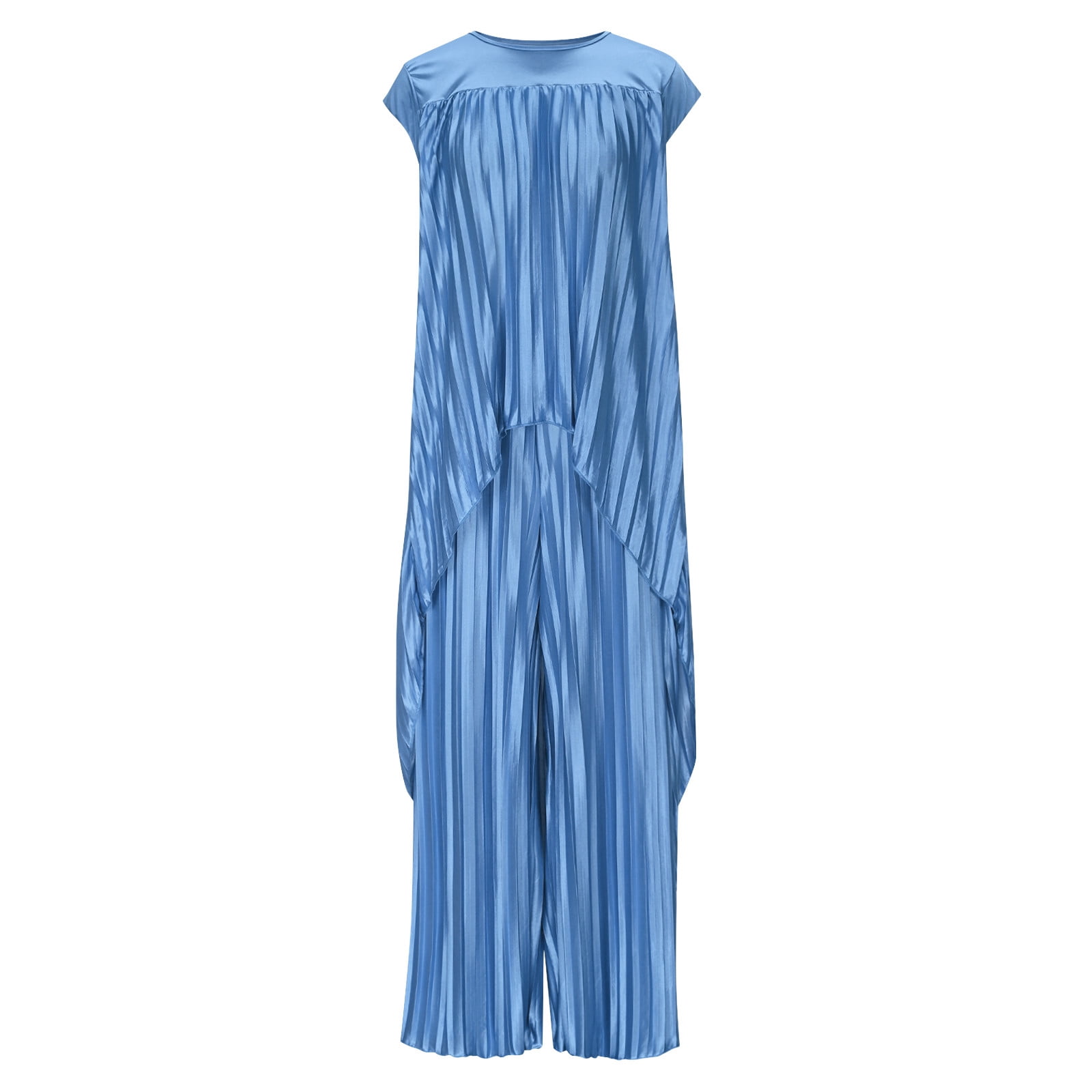 2 Piece Outfits for Women Dressy Pleated Wide Leg Pants Set - Asymmetric Hem Loose Tunic Tops Matching Lounge Sets