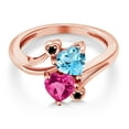 thumbnail image 3 of Gem Stone King 18K Rose Gold Plated Silver Swiss Blue Topaz Pink Created Sapphire and Black Diamond Ring for Women (1.78 Cttw, Heart Shape 6MM, Gemstone November Birthstone, Size 8), 3 of 6