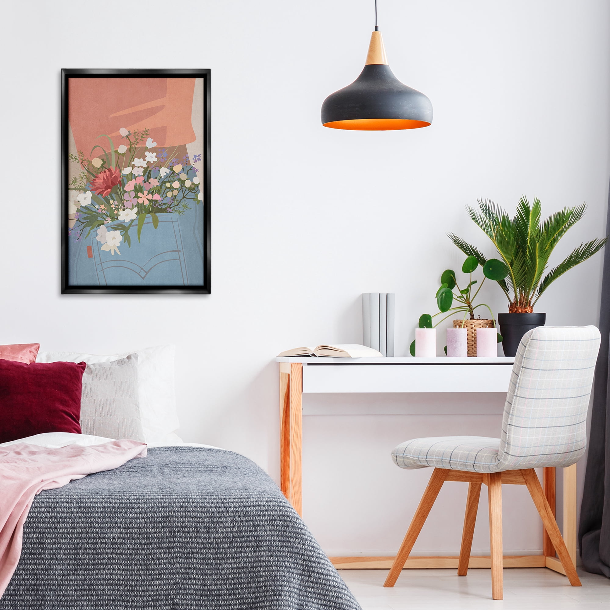 Stupell Industries Flowers in Jeans Pocket Plants & Flowers Painting Black Floater Framed Canvas Art Print Wall Art, 21 x 31