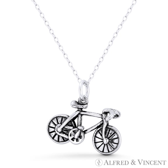 Road Bike Bullhorn-Handlebar Racing Bicycle Charm 22x22mm (0.9x0.9in) Pendant & Chain Necklace in Oxidized .925 Sterling Silver