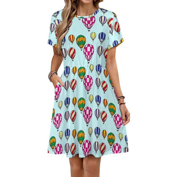 Hot Air Balloons Dress Fashion Beach Short Sleeve Dresses Female Party Printed Sundress