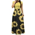thumbnail image 2 of Wycnly Summer Dresses for Women Vintage Empire Waist Pleated Swing Tunic A Line Formal Maxi Dresses 2024 Short Sleeve Round Neck Sunflower Print Long Formal Dress Yellow l, 2 of 5