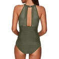 thumbnail image 3 of Women Two Piece Swimsuit Ruched High Neck Plunge Mesh Tankini Top Sets Swimwear, 3 of 7