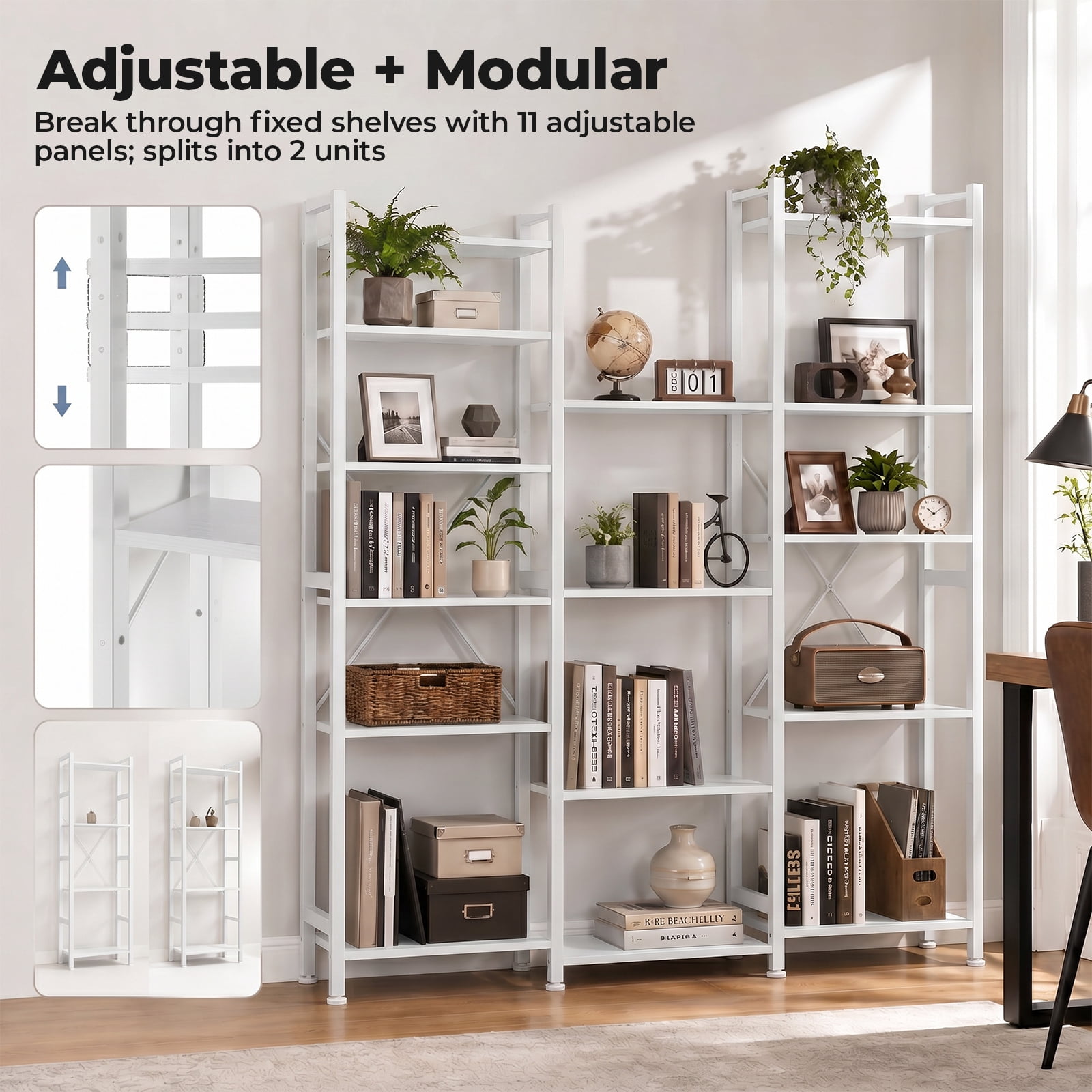 Alvantor Three Columns and Four Layers Bookshelf, Wide Bookcase with 11 Open Display Shelves, Adjustable Storage Shelf for Home & Office